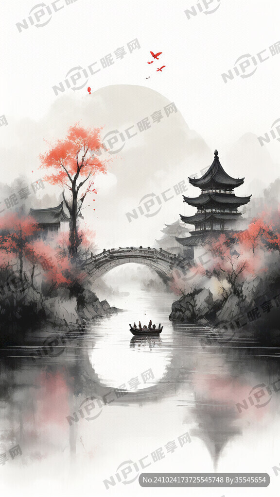 黑白配色风格 江南城镇 背景图