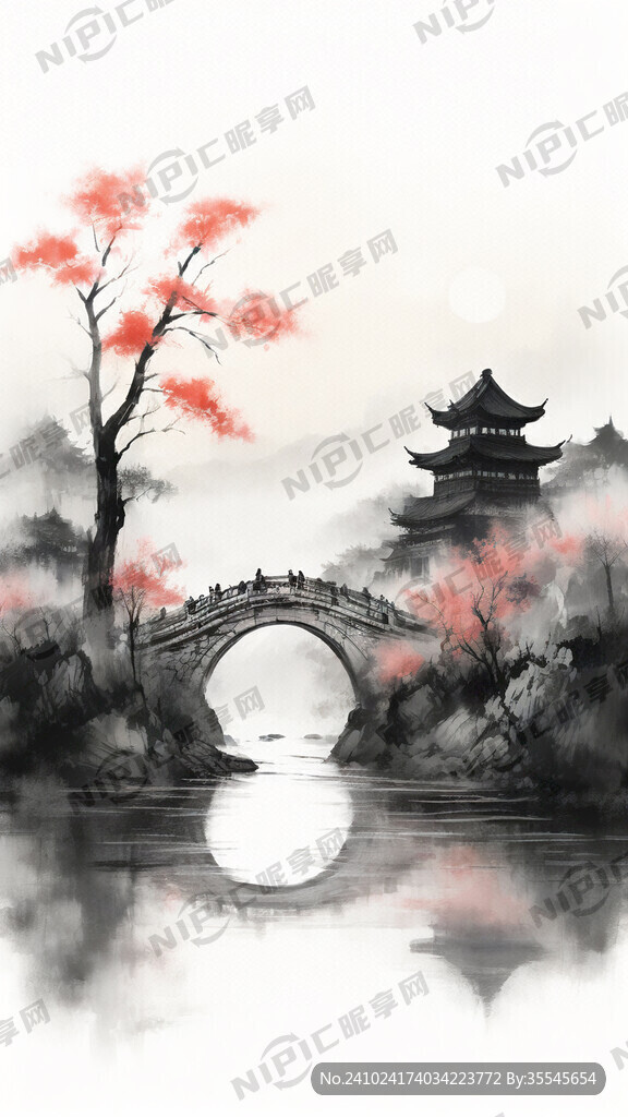 黑白配色风格 淡墨山水画 花朵