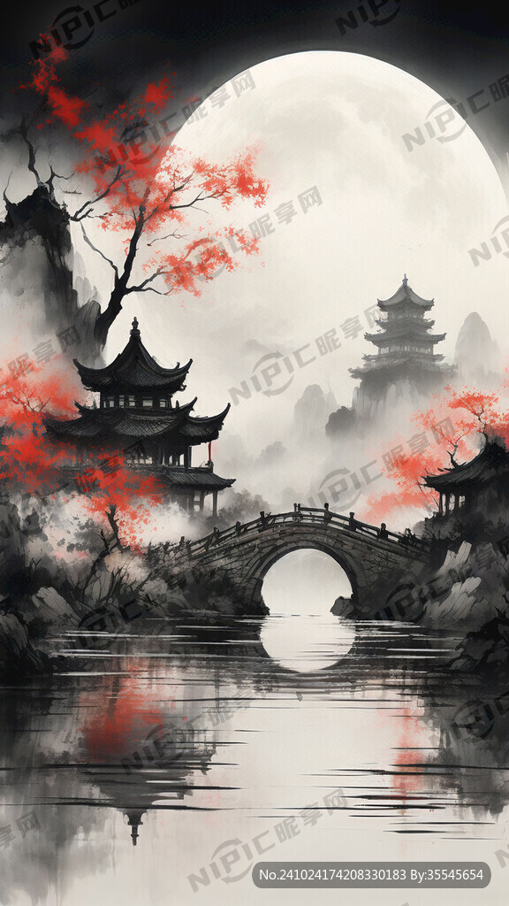黑白配色 淡墨山水画 江南风格