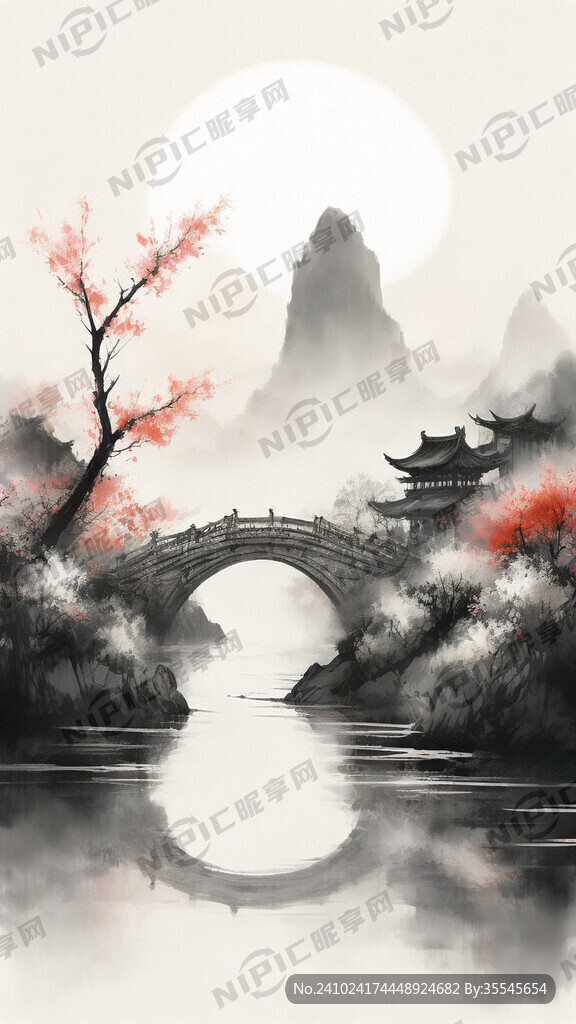 黑白配色 淡墨山水画 江南风格