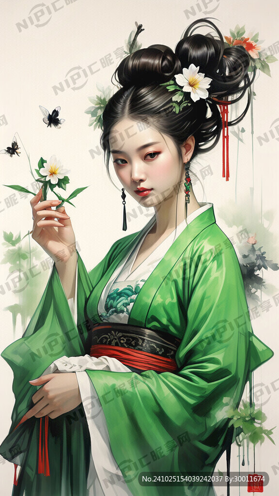 养蚕女 绿色 全身 端着竹编
