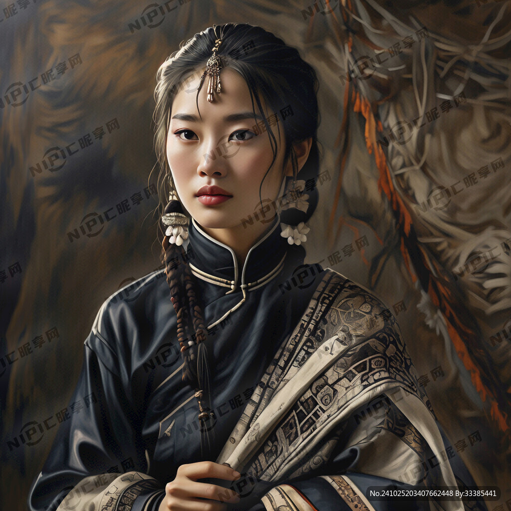 一个美女牧民 黑色背景
