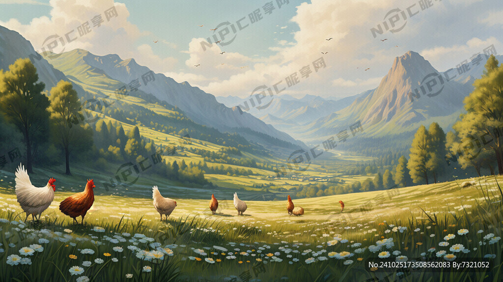 鸡群远景 万里无云 青山绿水