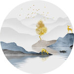 湖泊水墨风景画圆形挂画装饰画