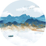 水墨山脉圆形挂画装饰画