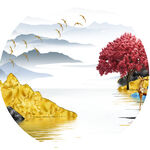 水墨山脉湖泊圆形挂画装饰画