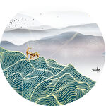 中式山脉麋鹿圆形挂画装饰画
