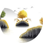 发财树湖泊圆形挂画装饰画