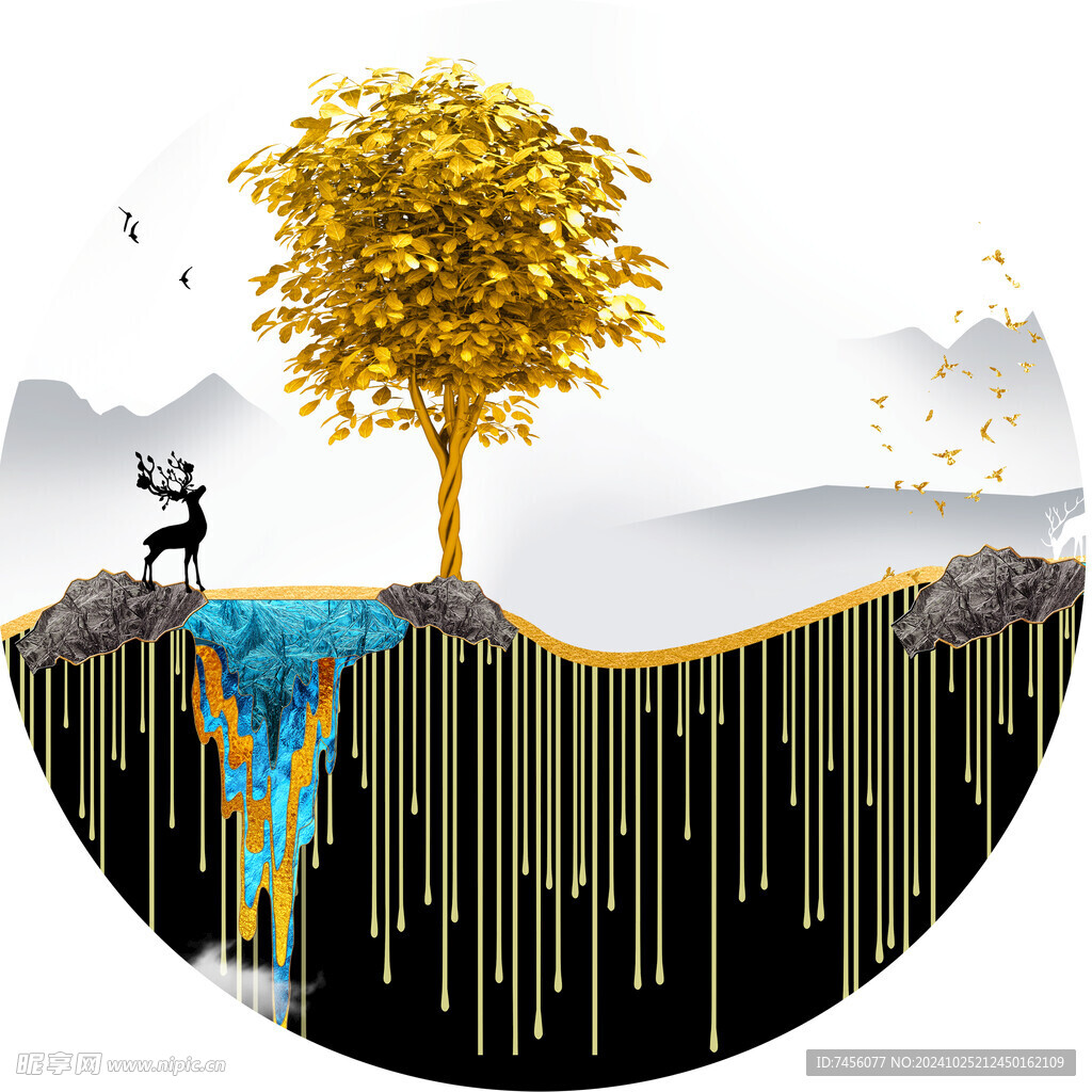 发财树麋鹿圆形挂画装饰画
