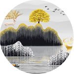 发财树湖泊圆形挂画装饰画
