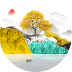 发财树湖泊麋鹿圆形挂画装饰画