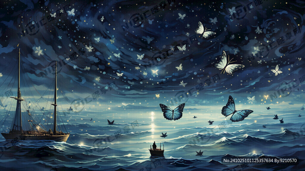 海港 星空 帆船 蝴蝶