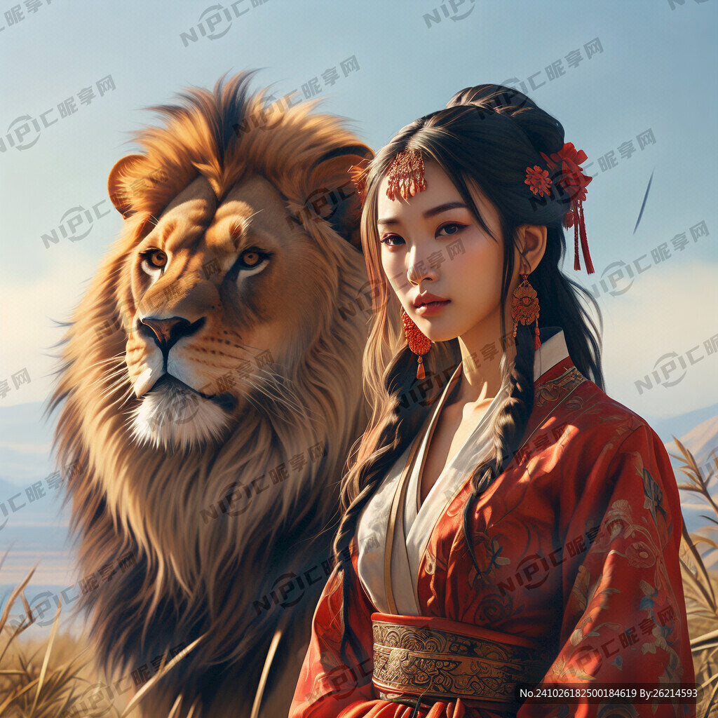 狮子和美女唯美画面 真实 晴天