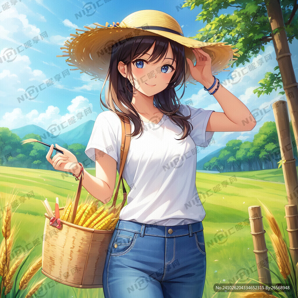 一个漫画农民戴着草帽穿着牛仔裤