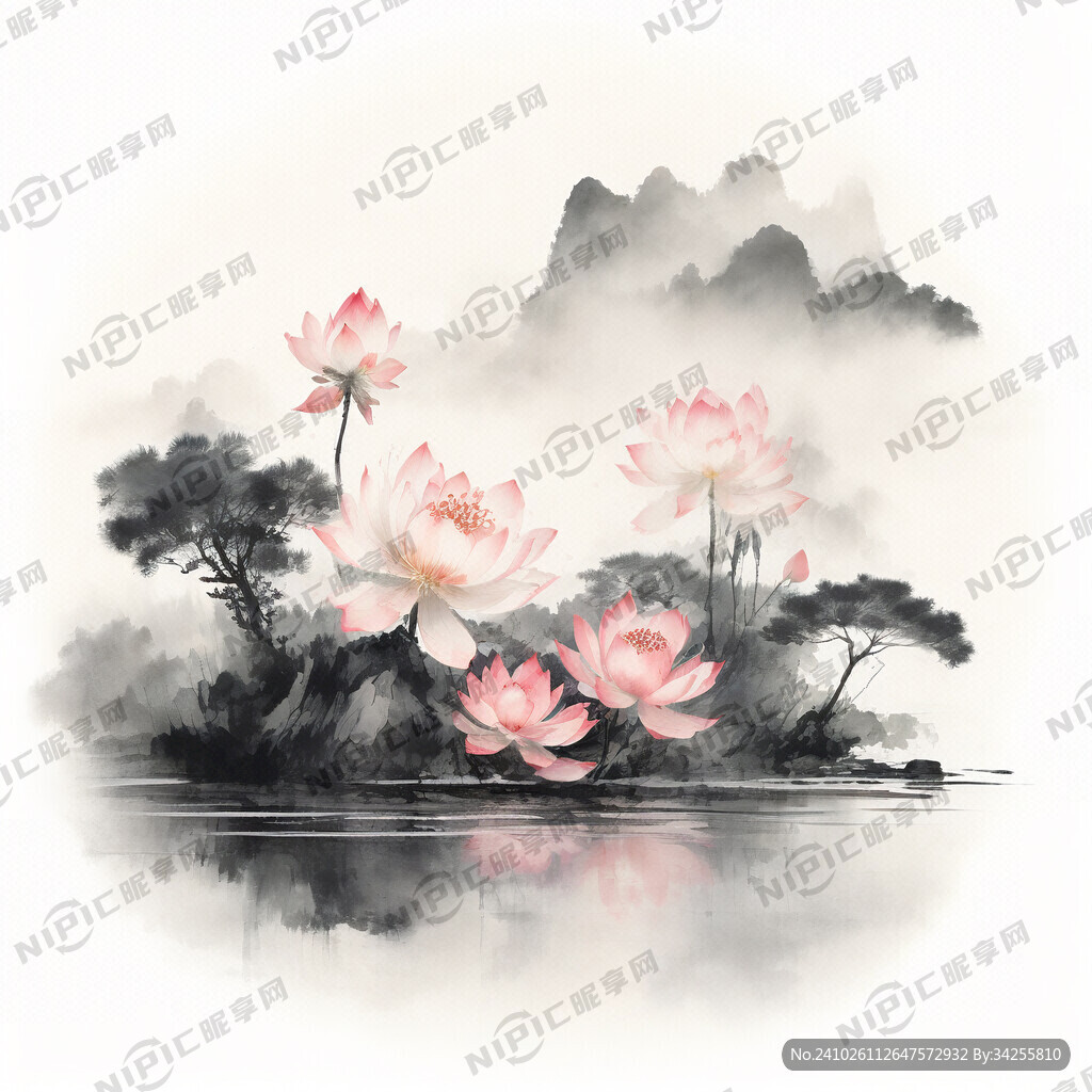 荷花 山水 中国风 中国画