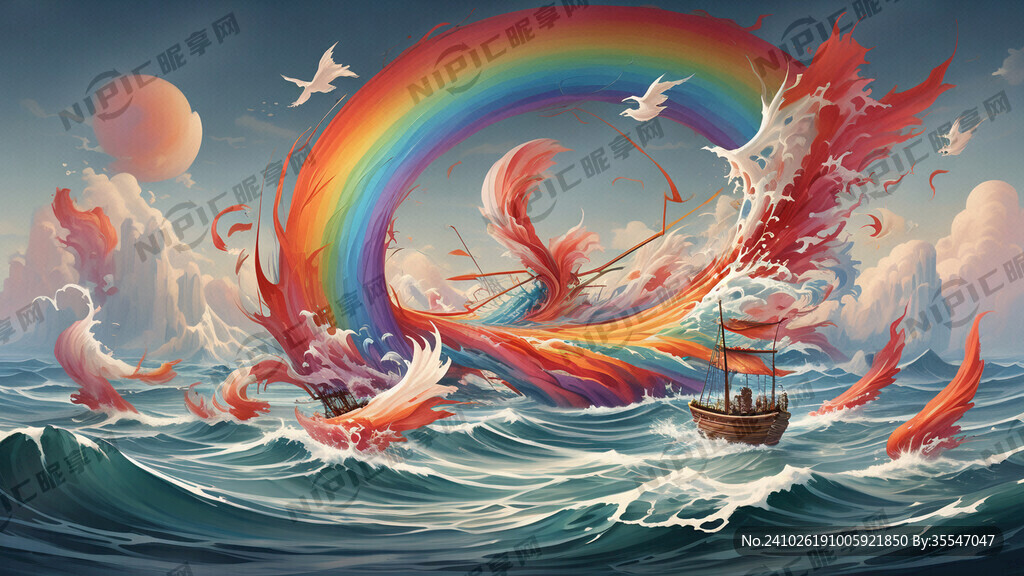 中国画 海浪 帆船 飞鸟 彩虹