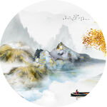 水墨山脉湖泊圆形挂画装饰画