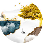 中式发财树湖泊圆形挂画装饰画
