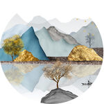 水彩山脉湖泊圆形挂画装饰画