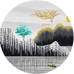 水墨山脉湖泊圆形挂画装饰画