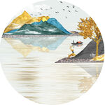 湖泊麋鹿风景画圆形挂画装饰画