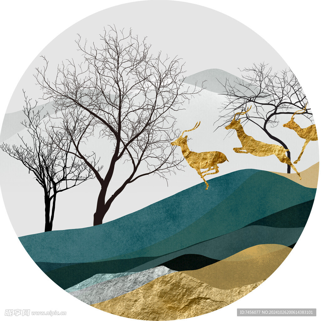 麋鹿树圆形挂画装饰画
