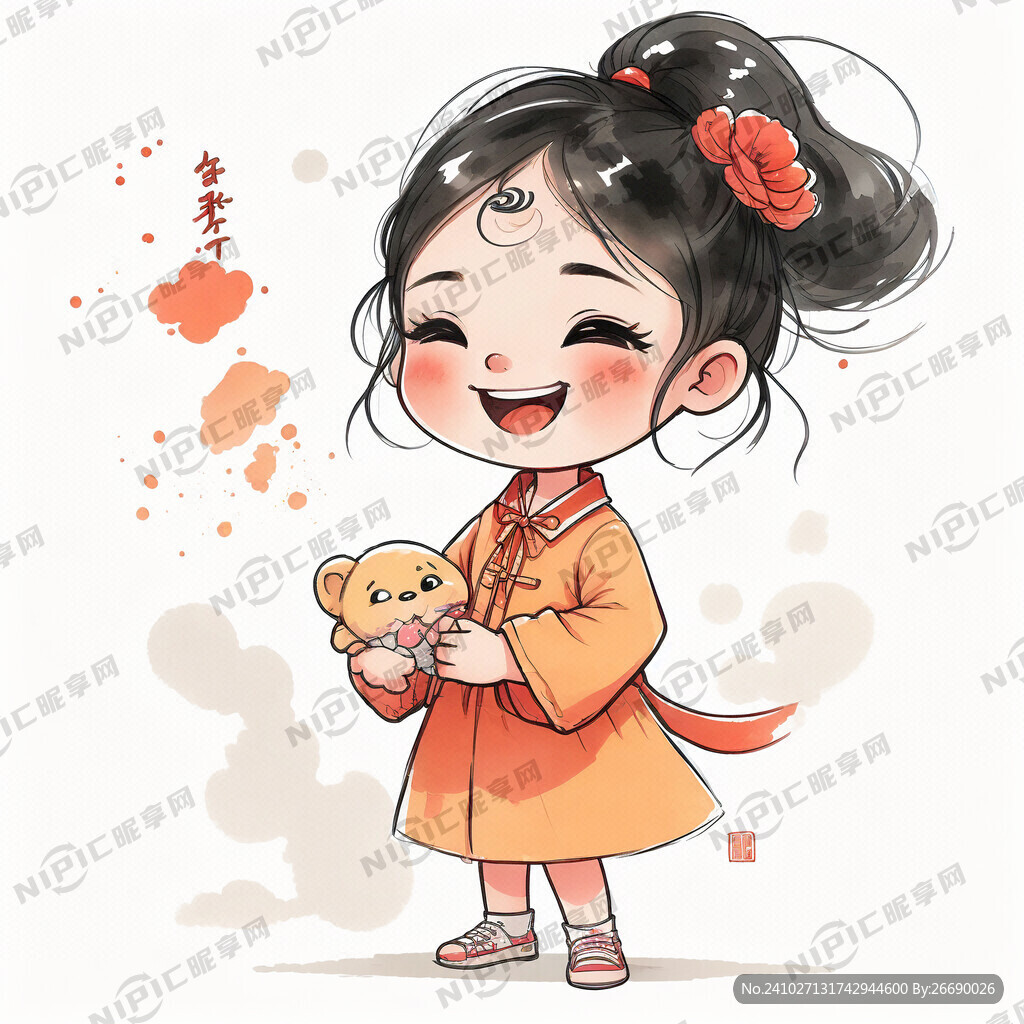 双手捧小东西面带笑容的中国风可