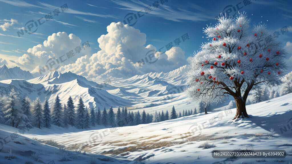 蓝天 雪山 绿草地 苹果树