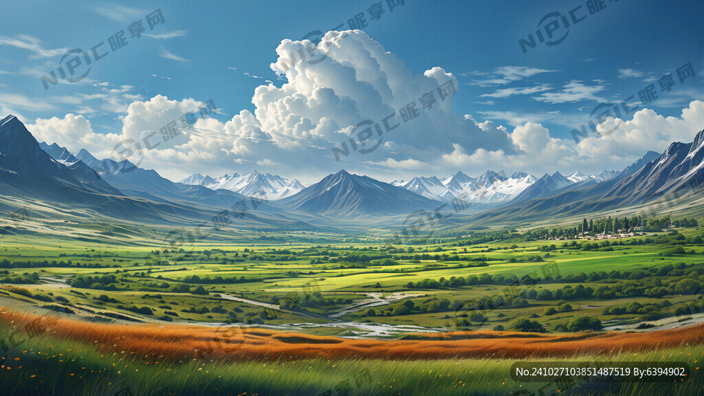 蓝天 雪山 绿色草原