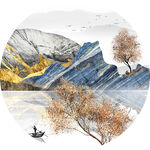 水墨山脉湖畔圆形挂画装饰画