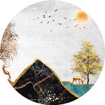水彩树麋鹿山脉圆形挂画装饰画