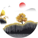 发财树水墨风景画圆形挂画装饰画