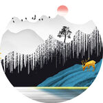 水墨山脉湖畔圆形挂画装饰画