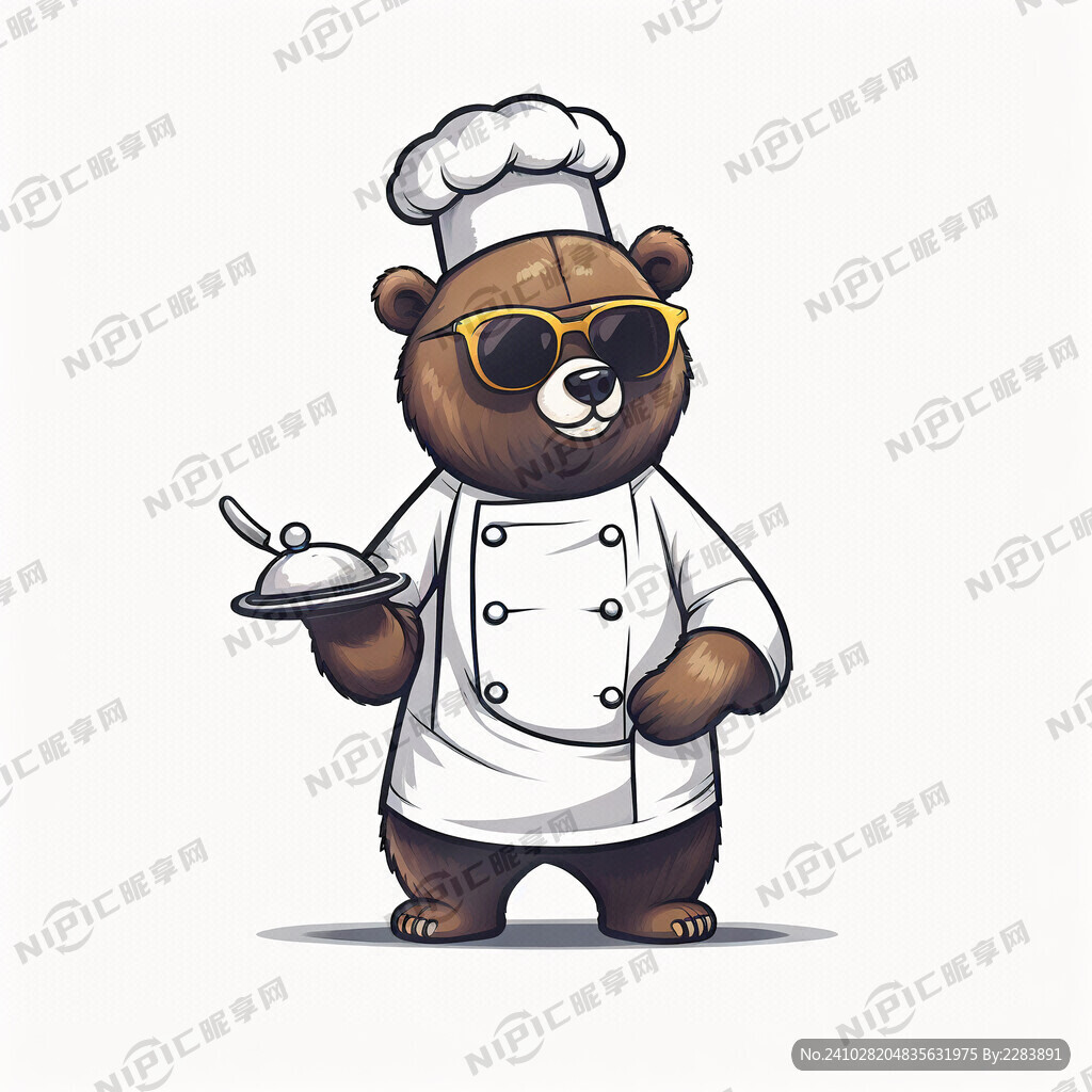 简笔画卡通熊带墨镜厨师商标