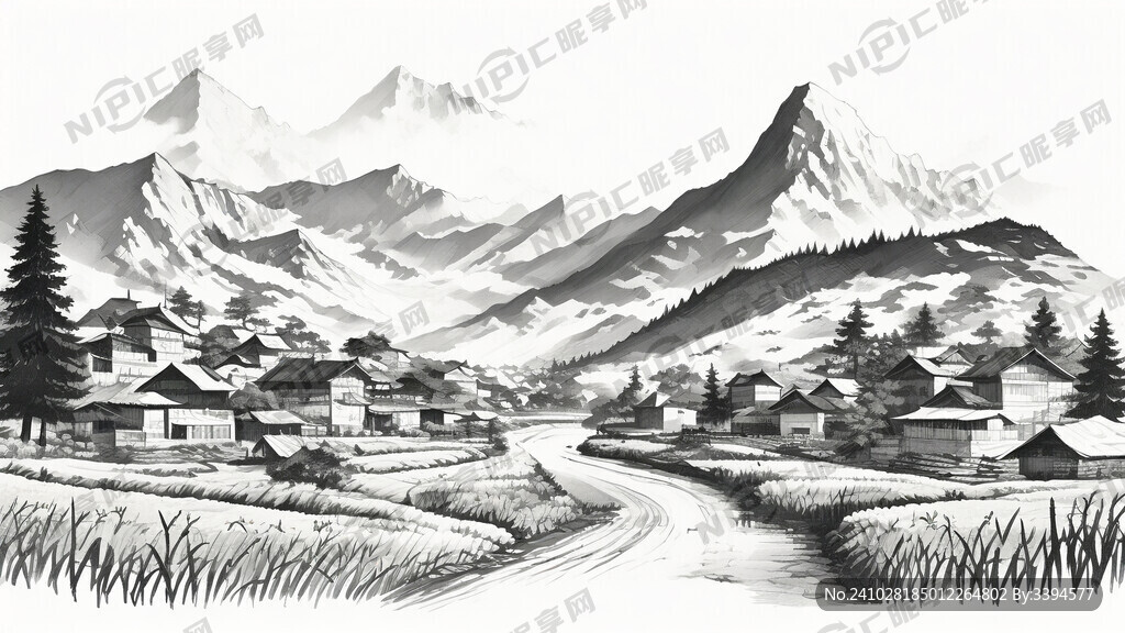 用线条描绘一个山村的轮廓图
