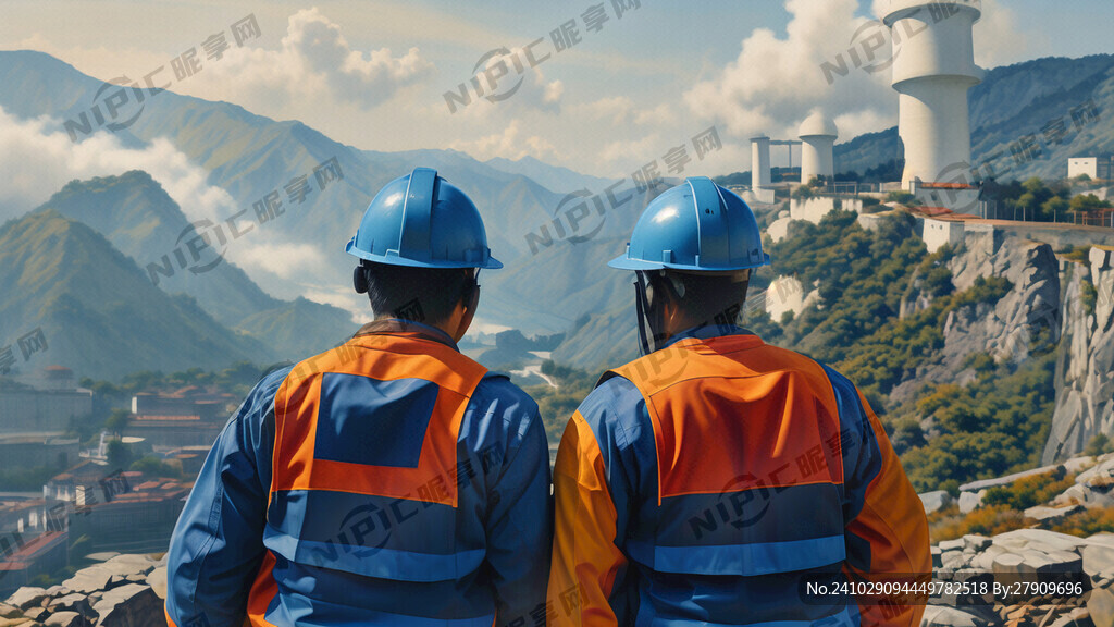 背景是溪洛渡大山、两个戴蓝色安