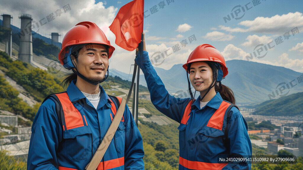 背景是溪洛渡大山、两个戴蓝色安