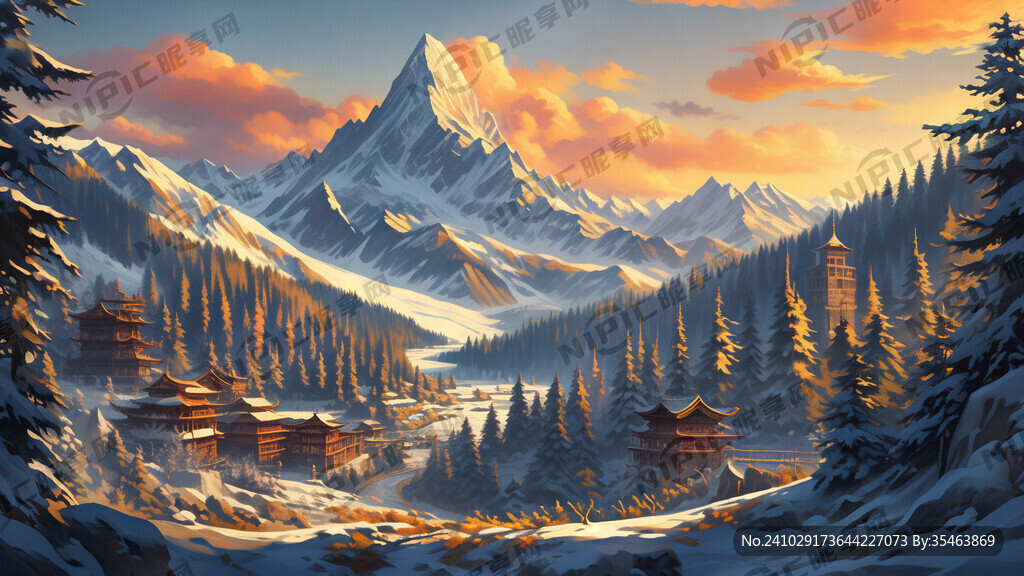 远景日照金山雪山 有森林 夏天
