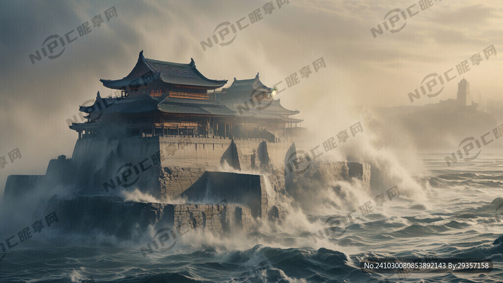 以黄河波涛为背景的城楼