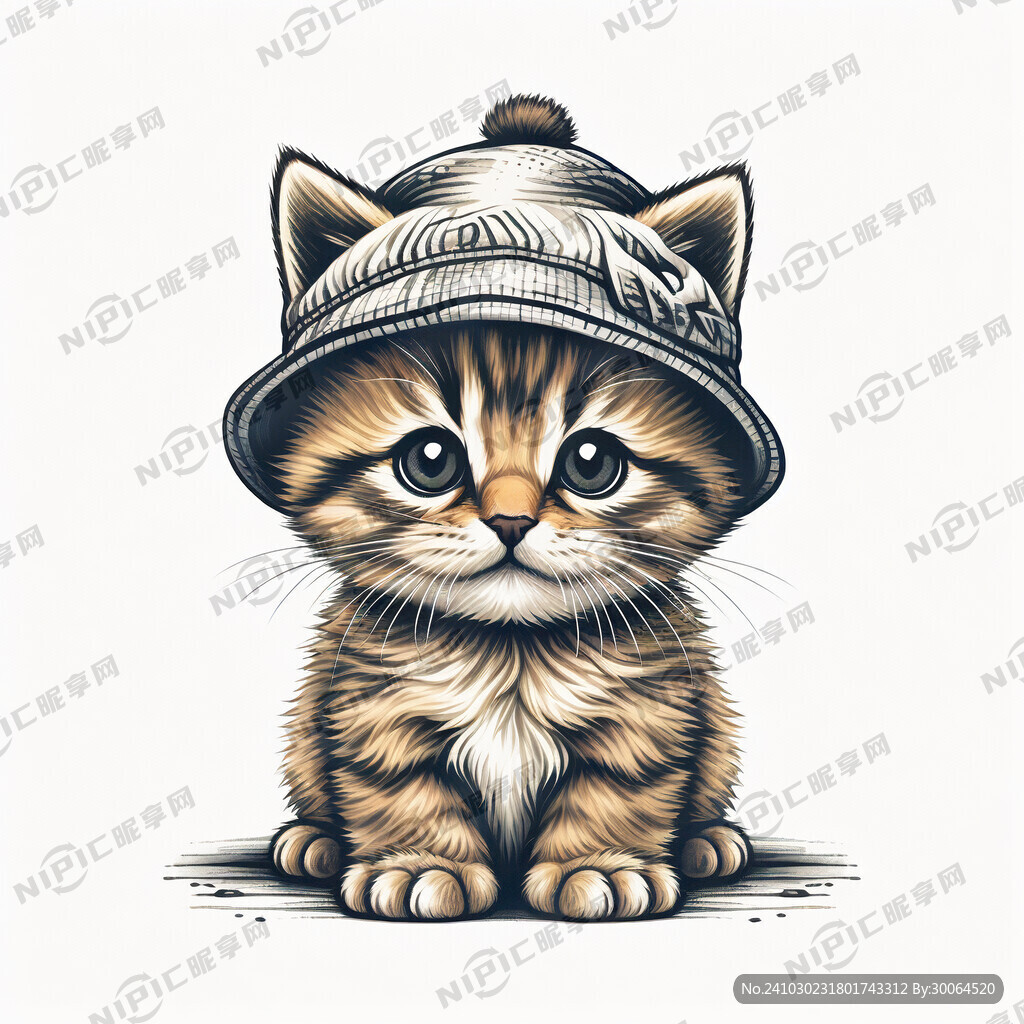 小猫咪带帽子手绘