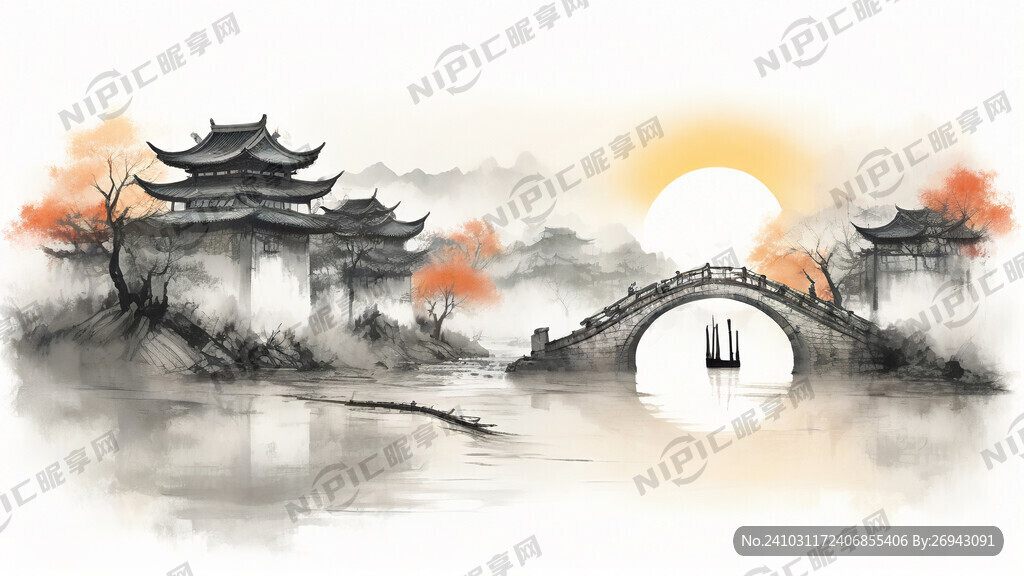 江南 小桥 流水 夕阳 绿树