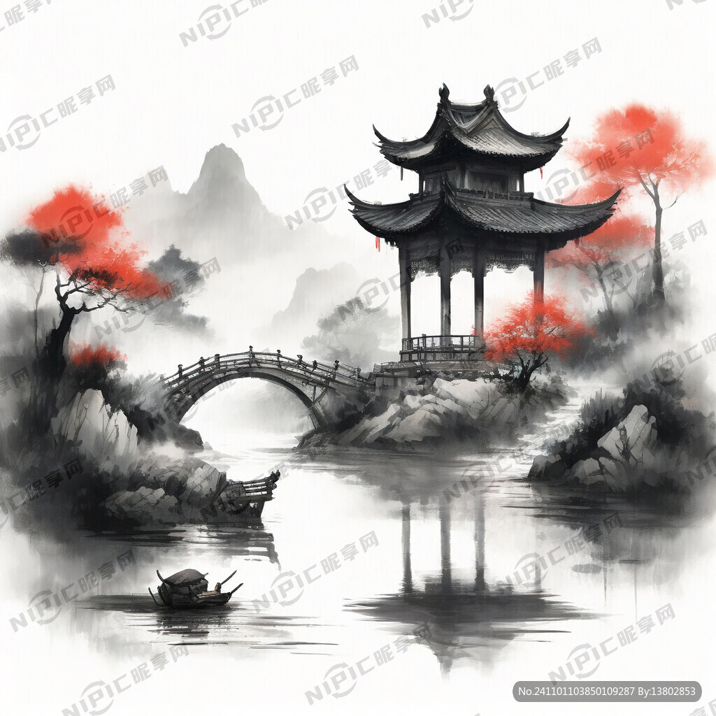 彩色水墨山水图江南烟雨小桥流水