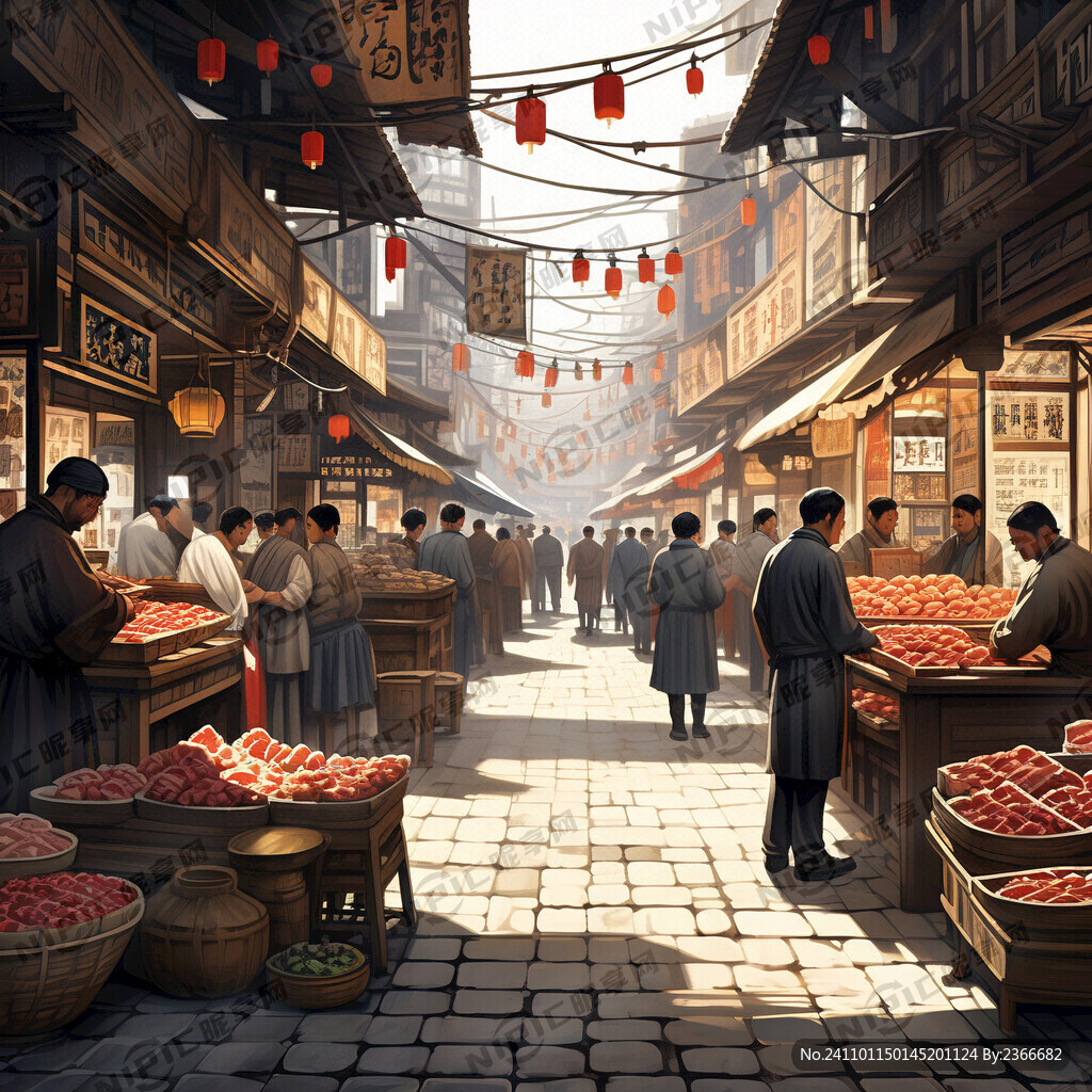 古代集市 街道 行人 各种店铺