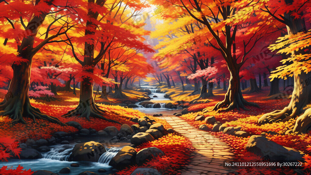 金红相间枫树林 小道流水