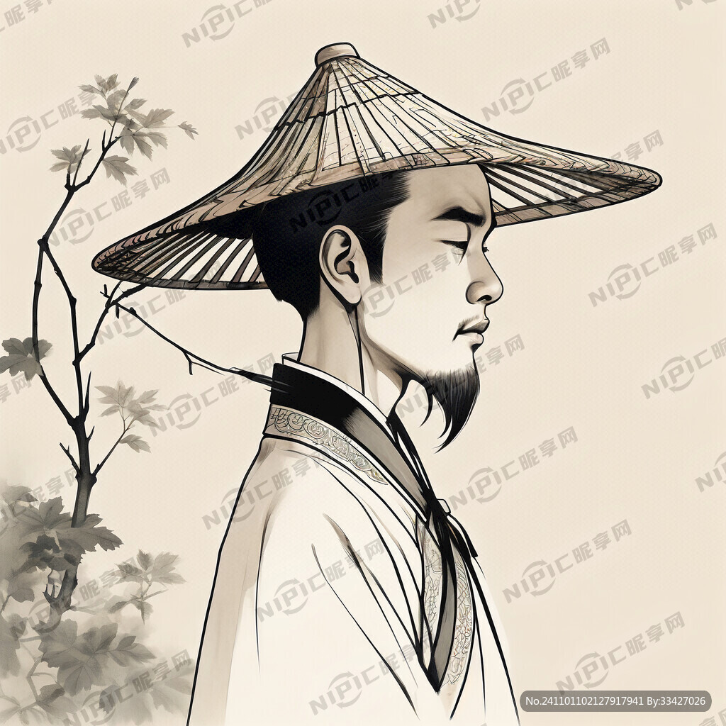 一个带着草帽的中国人侧面剪影图