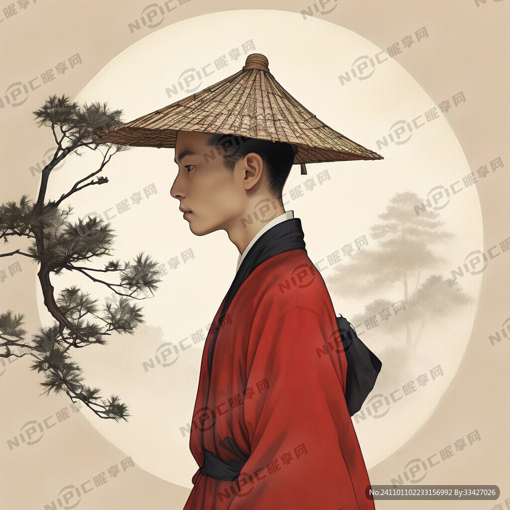 一个带着草帽的年轻中国人侧面剪