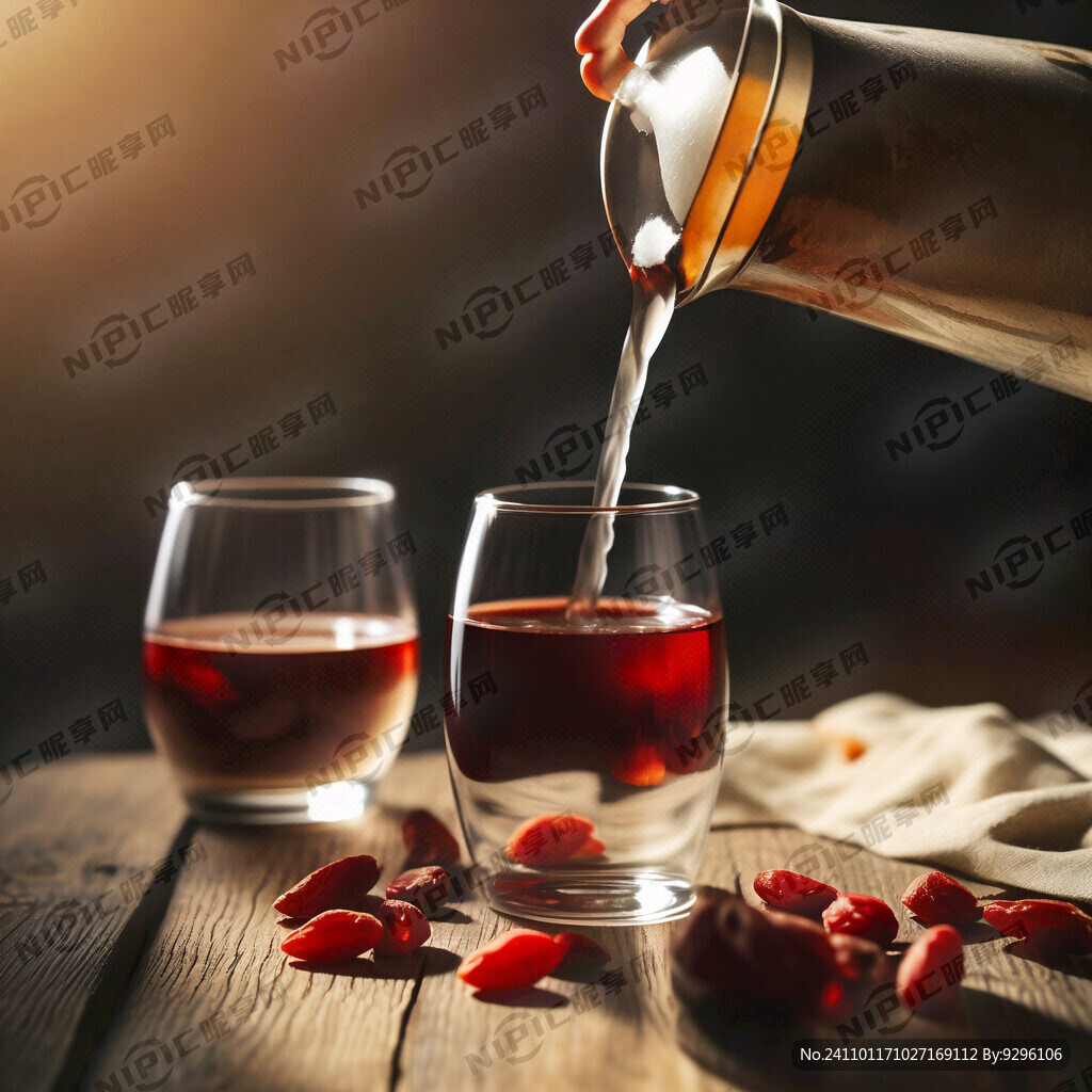 枸杞与黄酒混合倾倒 背景鲜一点