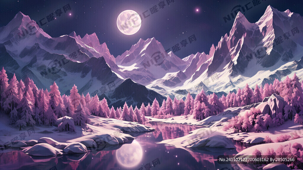 紫粉色山白色积雪 山峰倒影