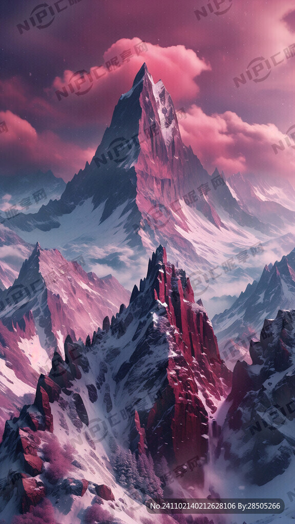 雪山紫红色的山顶