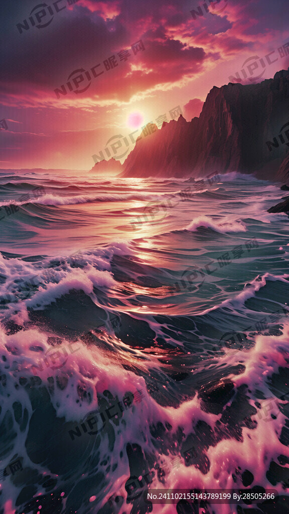 海浪 黑色海滩 紫红色海浪